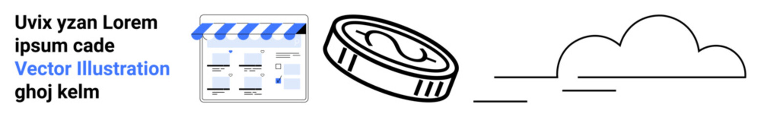 Online store website with shop banner, coin representing financial transactions, and cloud symbol suggesting cloud computing and storage. Ideal for e-commerce, finance, cloud services, digital