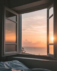 A seaside sunset from an open window offers a relaxed and timeless view