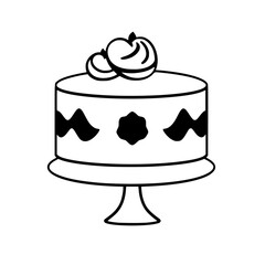 Black-line illustration of a round cake, topped with two peaches, placed on a pedestal cake stand.