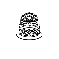 Ornamental two-tiered cake illustration featuring elaborate black-and-white details with an intricate floral top.