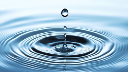 A close-up of a water droplet creating ripples in a calm blue pool, illustrating the beauty of liquid motion and tranquility.