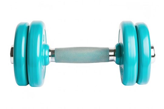 Bright turquoise exercise dumbbell with grip handle designed for strength training and fitness workouts, great for home gyms or fitness classes