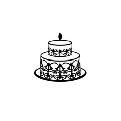 Minimalist two-tiered cake with candle, featuring a simple black and white aesthetic and ornate floral details.