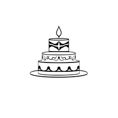Three-Tiered Cake with Candle: Black and white illustration, intricate decorations.