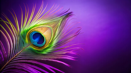 Obraz premium Vibrant Peacock Feather with Eye Pattern on Elegant Purple Background in Close-Up View