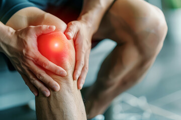 Knee and joint pain. Young runner holding his knee outdoors. Joint ache, injury, accident, chronic arthritis, painful disease and health concept.