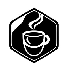Black and white coffee cup logo within a black hexagon, representing a coffee shop.