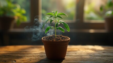 Greenhouse seedling steaming, sunlit wood