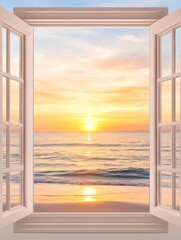 A seaside sunset from an open window offers a relaxed and timeless view
