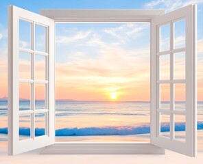 A seaside sunset from an open window offers a relaxed and timeless view