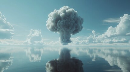 Mushroom cloud reflected in calm ocean under a blue sky.