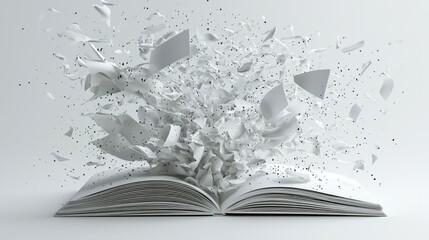 Exploding Book Concept with Pages and Paper Fragments in White Space