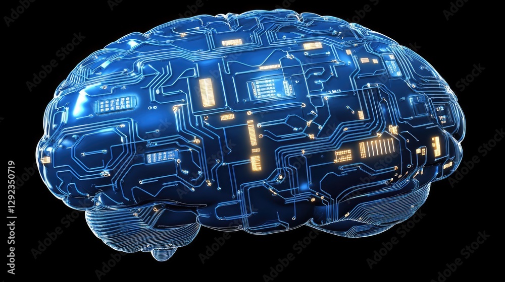 Poster abstract futuristic human brain with circuit-like connections merging into a computer interface.