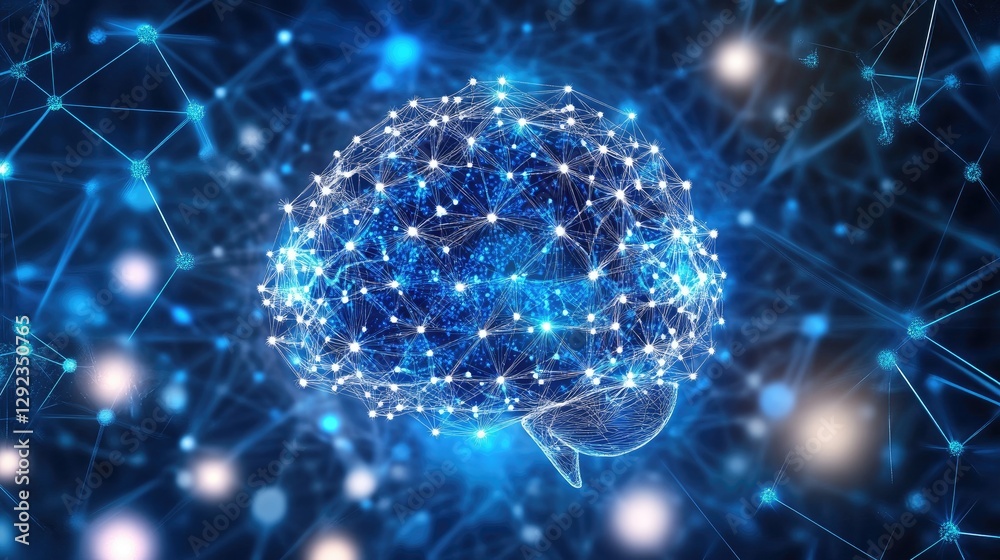 Poster abstract futuristic human brain with circuit-like connections merging into a computer interface.