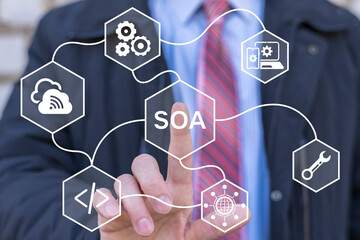 SOA Service Oriented Architecture Business Technology Concept. Business person using virtual touch screen push text: SOA.