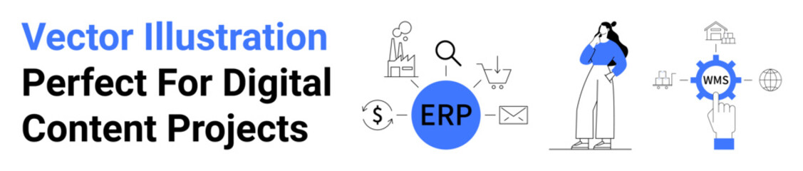 ERP element with shopping cart, email, gear, global connectivity, and thoughtful character. Ideal for business strategy, software solutions, analytics, e-commerce networking corporate planning