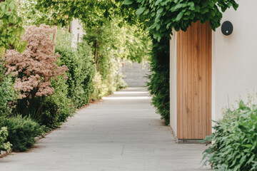 Naklejka premium A path with a wooden door leading to a house
