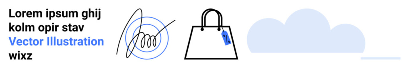 Shopping bag with price tag and abstract scribble alongside a cloud. Ideal for e-commerce, shopping, sales promotion, store branding, website design, mobile apps, and flat landing page banner