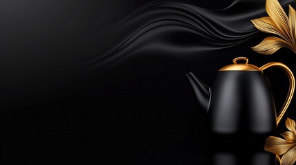 Elegant black teapot with gold accents against a dramatic black silk backdrop.  Luxury and sophistication.