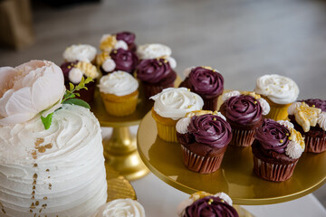 Elegant purple and white frosted cupcakes on gold display plates for wedding reception