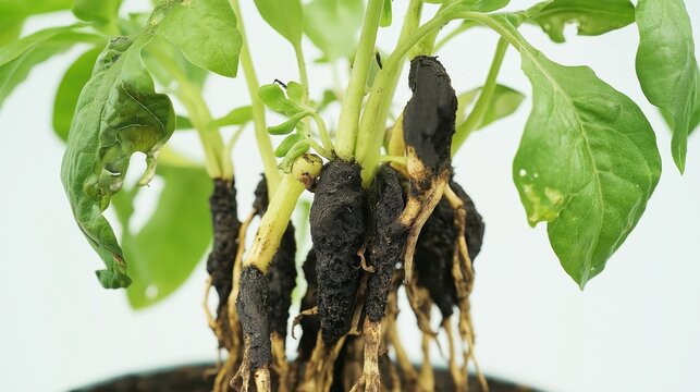 Potato plants with severe root rot and fungal infection