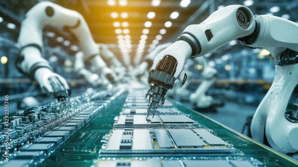Poster ai-driven robotic arms constructing circuit boards with extreme accuracy in a high-tech production s