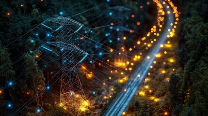 Fototapeta premium Illuminated Power Lines Through Forest at Night