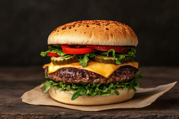 A large hamburger with lettuce, tomato, and pickles on top