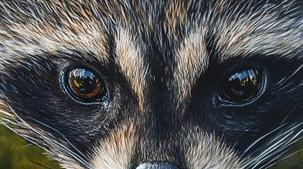 Close-up view of raccoon eyes displaying intricate details and vibrant hues emphasizing curiosity and nocturnal nature