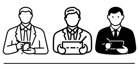 Three line art icons vector,  illustrate a person in business attire using a tablet.