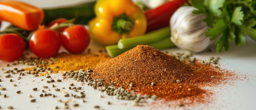 Spices paprika cumin seeds amid fresh vegetables colorful bright chaotic natural lighting vibrant culinary scene.