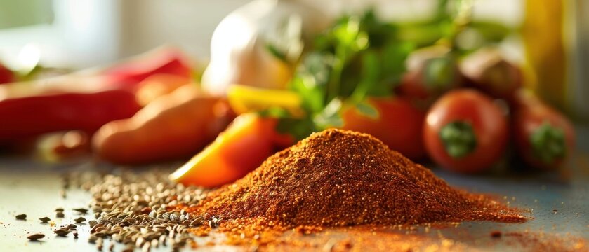 Spices and vegetables create a vibrant culinary scene, cumin and paprika in natural light compose a chaotic, bright arrangement.