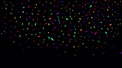 Cartoon confetti in 2D on a black screen. Falling multicolored party poppers in 4K with an alpha channel. A celebration effect symbolizing victory, joy, and festivity. Party-themed visuals.