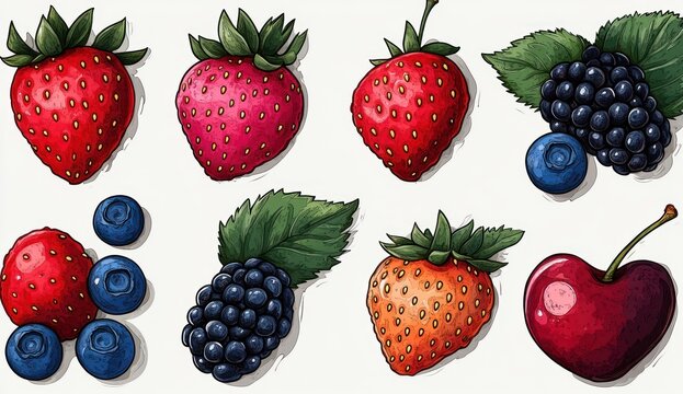 Collection of Hand Drawn Berries Strawberries Cherries Blackberries Blueberries Fresh Colorful Illustration