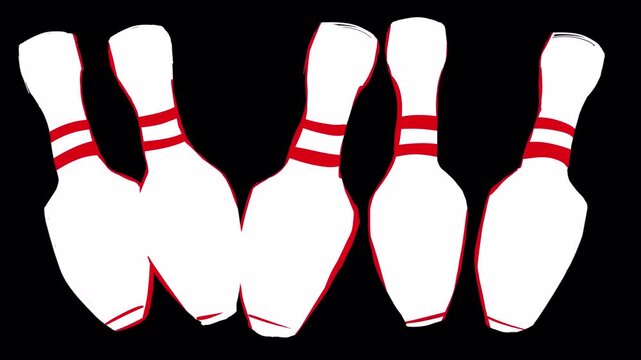 2D bowling transition on a black screen. A bowling ball smashes into pins, creating a dynamic scene change. Stock animation in 4K with an alpha channel for seamless video editing.