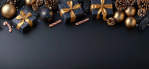 Naklejka premium Christmas Gift Decoration with Golden Ribbons and Ornaments in Black and Gold for Holiday Background