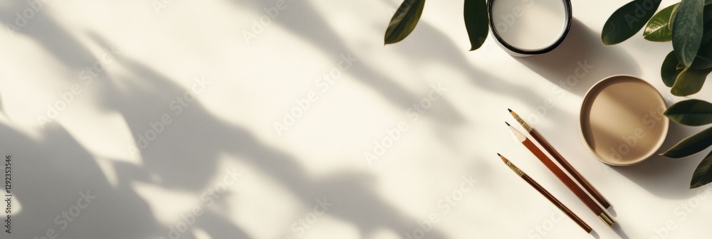 Poster creative workspace with natural elements and art supplies on a light surface during the afternoon. g
