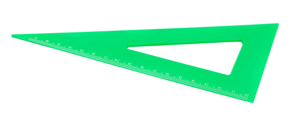 Green triangle ruler plastic classic isolated on white background, side view	