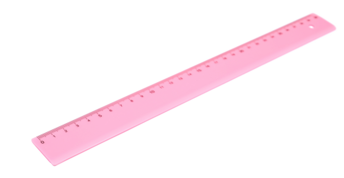 Pink ruler plastic transparent isolated on white background, clipping path, side view	