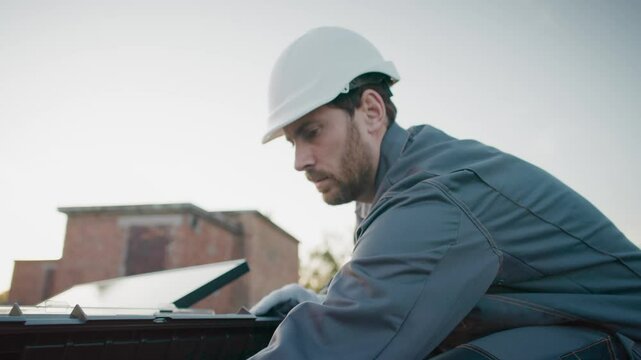 Close-up of a worker in uniform and gloves opening a toolbox on rooftop. Technician preparing tools for solar panel installation. Focused on renewable energy project under natural light.