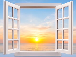 A seaside sunset from an open window offers a relaxed and timeless view
