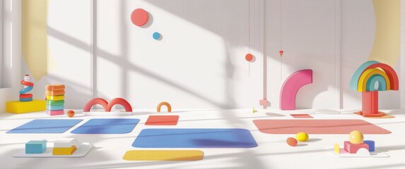 Vector style kindergarten playroom colorful mats simple toys white backdrop clean cheerful aesthetic.