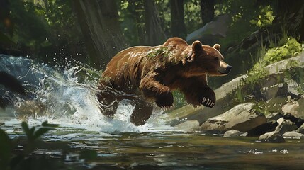 A majestic brown bear leaping through a sparkling river, surrounded by lush greenery and a vibrant forest, capturing a moment of nature's raw beauty