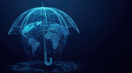 A floating digital umbrella with glowing security shields covering the world, symbolizing global cybersecurity.