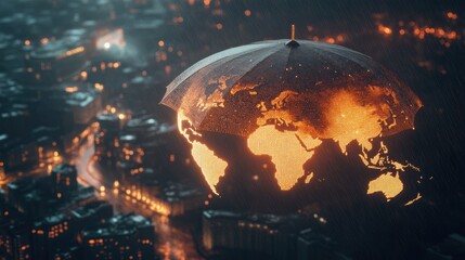 A floating digital umbrella with glowing security shields covering the world, symbolizing global cybersecurity.