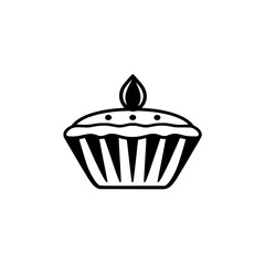 Simple, stylized black and white illustration of a cupcake with a candle.