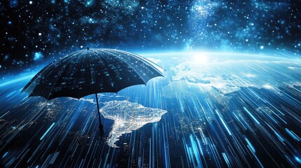 A futuristic data-driven umbrella spreading over the world, symbolizing blockchain security and AI innovation.
