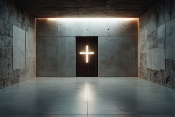 Obraz premium Minimalist interior design featuring illuminated cross in a modern concrete space