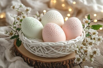 Fototapeta premium Decorative pastel eggs arranged in a rustic basket with flowers and soft lights during springtime celebration