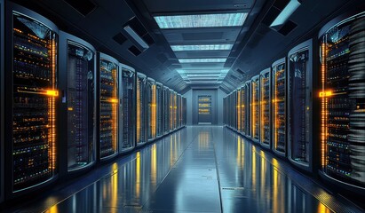 Fototapeta premium Futuristic Cyberpunk Server Room Data Center 3D Rendering with Illuminated Racks and Reflective Floors